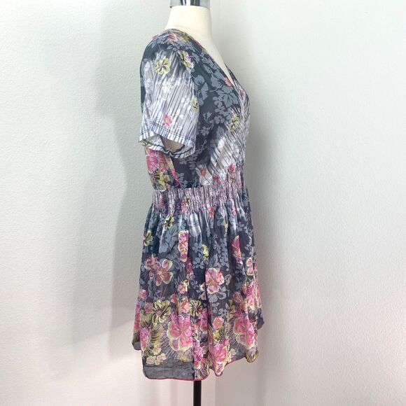Gemini Semi-Sheer Dress Lg Gray Pink Floral Border Peasant Milkmaid Boho Fairy - Picture 8 of 9